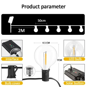 12M 30 LEDS G40 guirlandes solaires lumières de Patio extérieur solaire et alimenté par USB étanche Globe suspendus lumières avec incassable